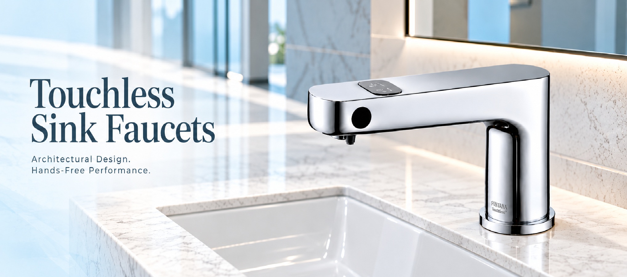 FontanaShowers chrome touchless bathroom sink faucet with automatic sensor in a modern architectural restroom
